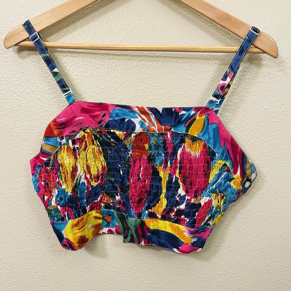 NWOT Blue Cabana Smocked Colorful Crop Top Maximalist Artsy Boho Festival Size L